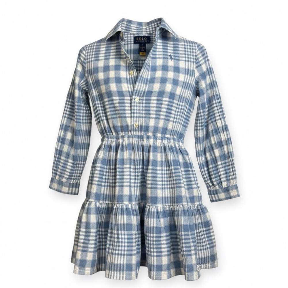 Polo by Ralph Lauren Blue and White Plaid Tiered Shirt Dress